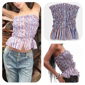 LAAGAM S blue striped gathered strapless top